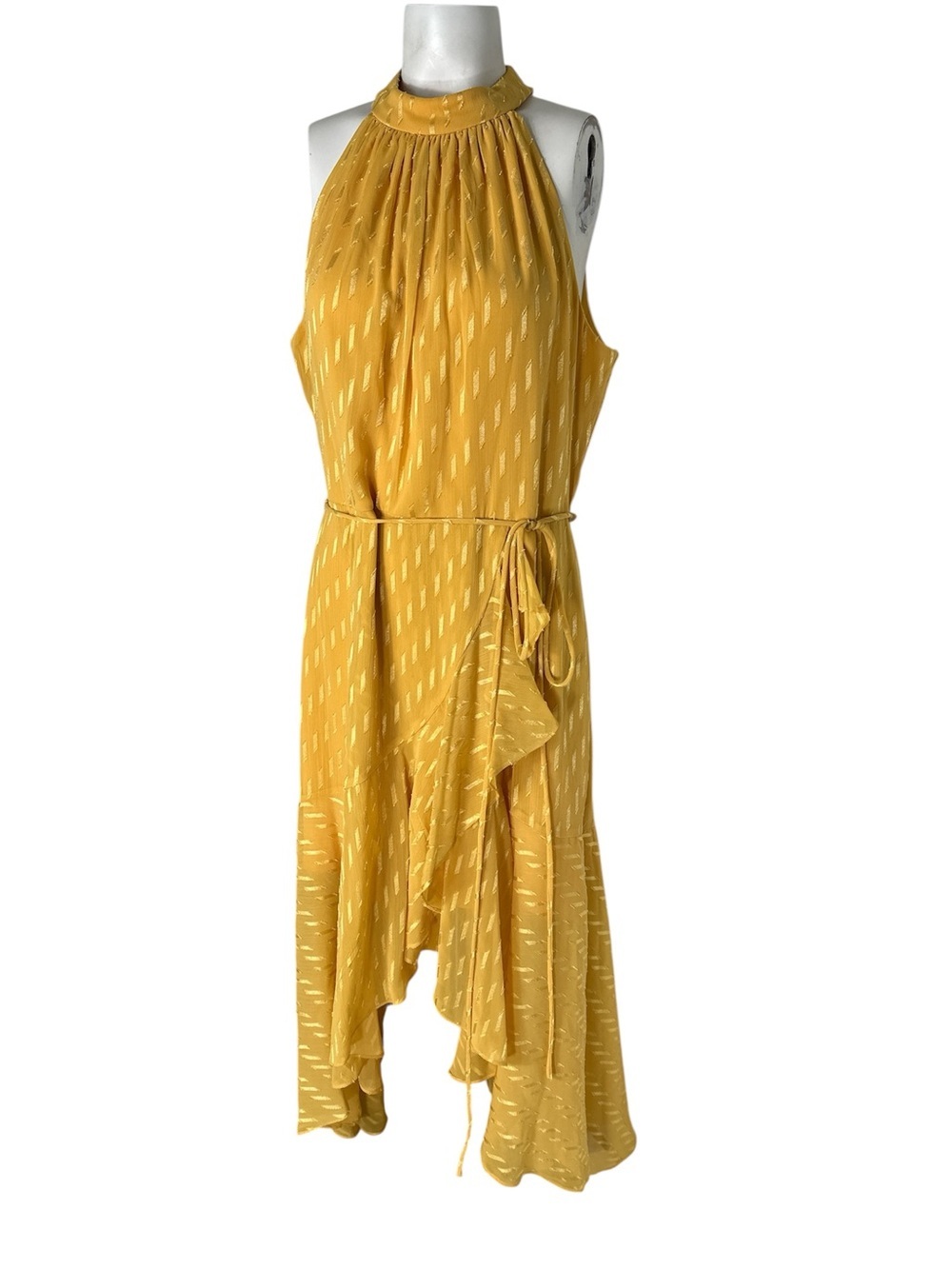 Maison Tara Mustard Halter High-Low Ruffle Dress